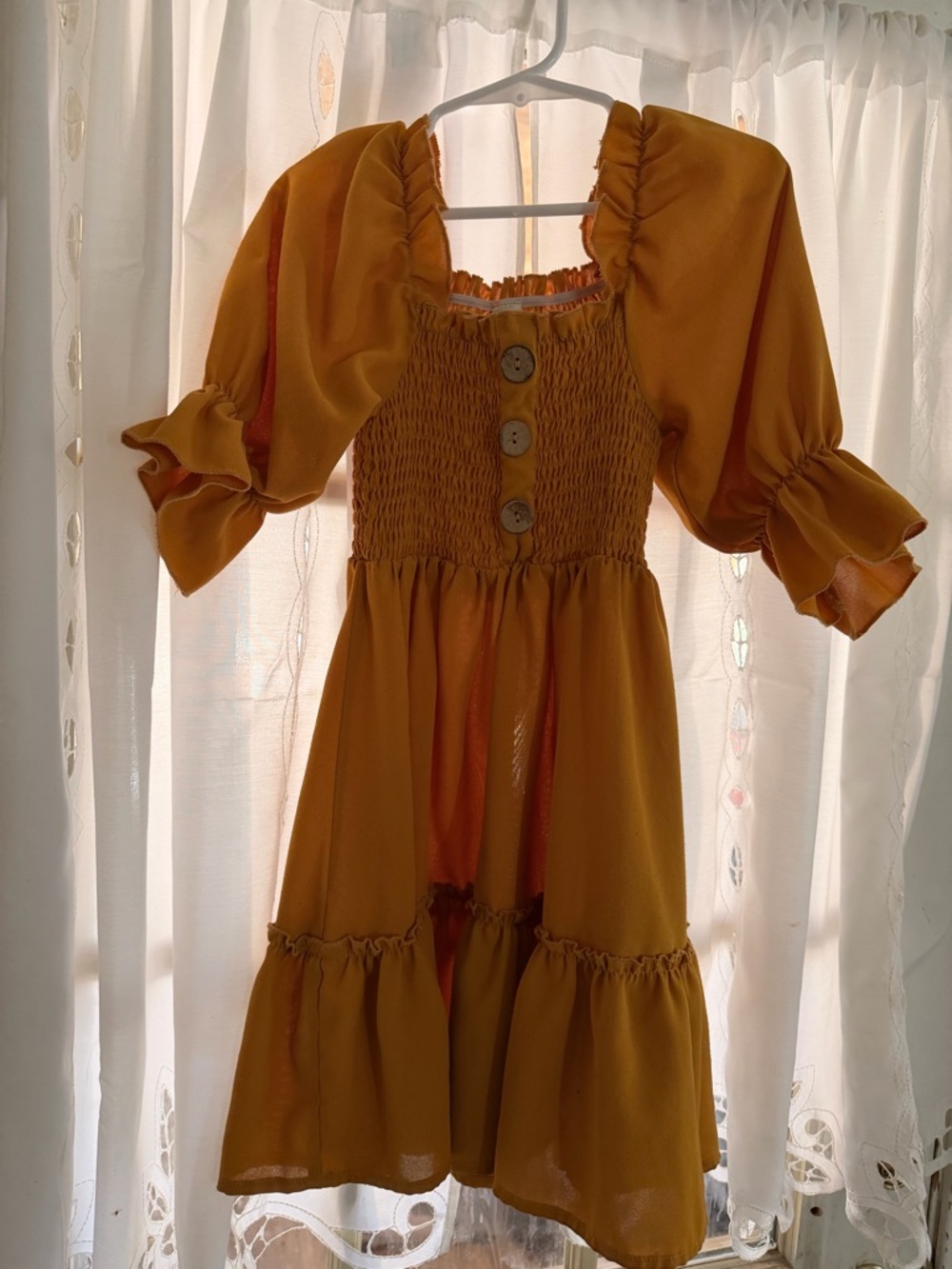Mustard Puff Sleeve Smocked Midi Dress